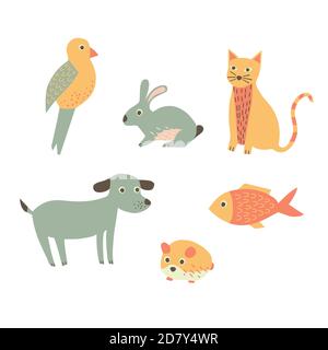 Tiere Symbole, Papagei, Kaninchen, Katze, Hund, Hamster, Fisch Stock Vektor