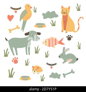 Tiere Symbole, Papagei, Kaninchen, Katze, Hund, Hamster, Fisch Stock Vektor