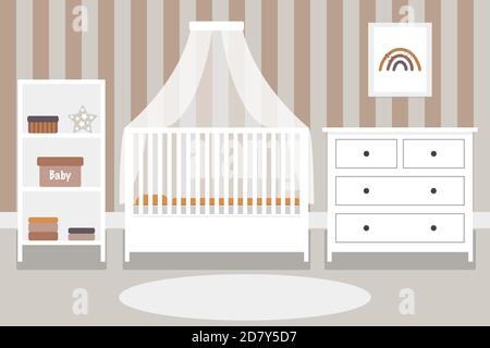 Niedliche Baumschule Innenarchitektur im skandinavischen Stil flache Vektor-Illustration. Gemütliches und warmes Babyzimmer-Design. Stock Vektor