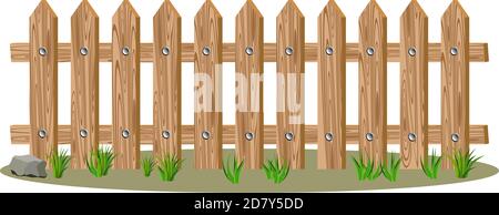 Cartoon Holzzaun mit realistischen Holzringen, Gras und Stein herum, Streikposten auf der Oberseite. Vektorgrafik isoliert auf weißem Hintergrund. Gut für Stock Vektor