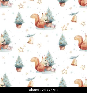 Aquarell Frohe Weihnachten nahtlose Muster mit Weihnachtsbaum und Eichhörnchen, urlaub Cute Baby Tiere. Weihnachtsbaum feier Papier. Winter neue Stockfoto
