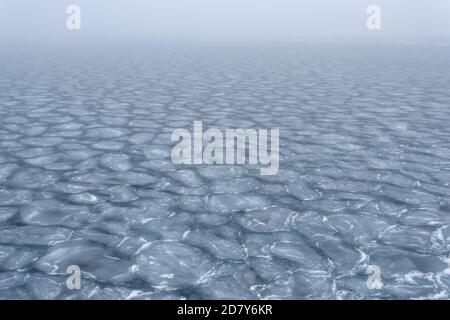 Treibendes Eis im Arktischen Ozean. Das Packeis schwimmt als Eisschild. Polarkreis nördlich von Spitzbergen, Nordpol. Stockfoto