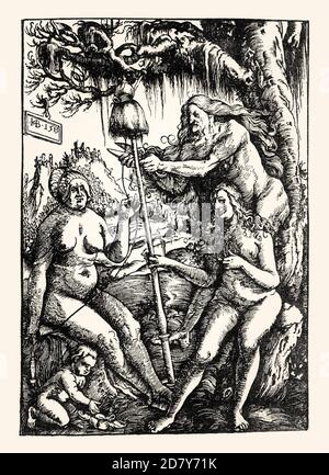 Die drei Fatten: Lachesis, Atropos und Clotho, von Hans Baldung Grien, 1513, Faksimile des 19. Jahrhunderts Stockfoto