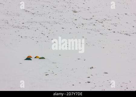 Vier farbenfrohe Zelte auf dem weißen Schnee im Winter in den Bergen. Stockfoto