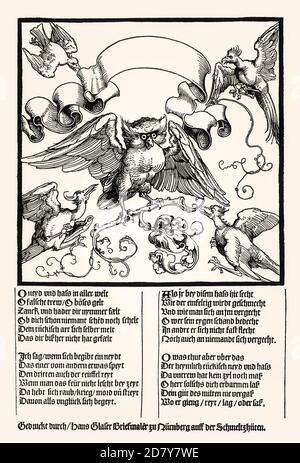 Eulenkampf mit anderen Vögeln, Flugblatt über Hass und Neid von Albrecht Dürer und Hans Sachs, Faksimile des 19. Jahrhunderts Stockfoto