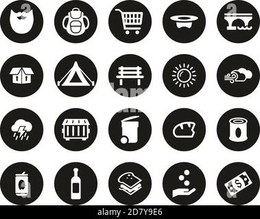 Obdachlose Lifestyle & Kultur Icons Weiß Auf Schwarz Flat Design Kreis Groß Stock Vektor