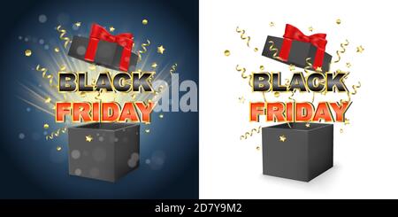Black friday Promotion Verkaufsbox mit Überraschung. Schwarze Geschenkbox mit roter Schleife und Band. 3d-Vektor-Konzept für Black friday Promo-Rabatt Stock Vektor