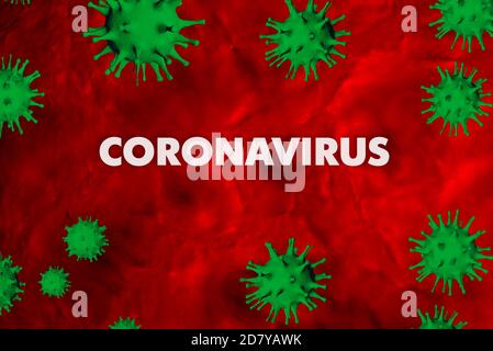 Die Inschrift Coronavirus auf einem roten Hintergrund und Bakterien. Eine Familie von Viren, die sich durch die Blutgefäße im menschlichen Körper bewegen. 3D-Modell. Stockfoto