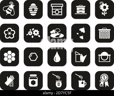 Honigherstellung & Bienenhaltung Ausrüstung Icons Weiß Auf Schwarz Flat Design Set Big Stock Vektor