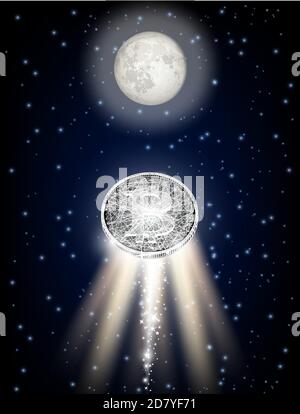 Bitcoin fliegen zum Mond wie Weltraumrakete Vektor-Illustration Stock Vektor