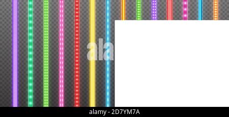 Bunte LED-Streifen-Kollektion, helle leuchtende Bänder auf einem transparenten Hintergrund isoliert. Realistische Neon Girlanden. Stock Vektor