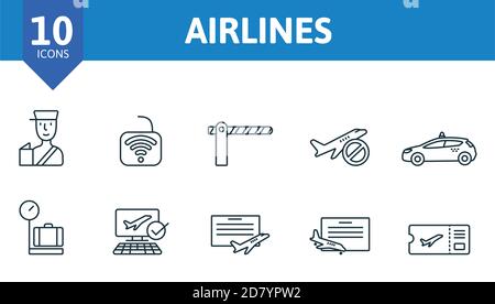 Symbol für Fluggesellschaften festgelegt. Sammlung enthalten Start, Landung, rund um die Welt, Parkplatz, bezahlt, Parkplatz, Flughafen, Turm, Start-und Landebahn, Hubschrauber, Flugzeug, Sitz Stock Vektor