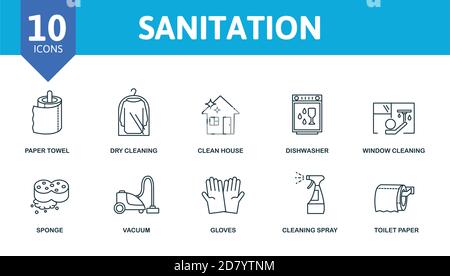 Symbol für Hygiene eingestellt. Sammlung enthalten Fensterreinigung, Geschirrspüler, Roboter-Staubsauger, sauberes Haus, chemische Reinigung und über Symbole. Hygiene Stock Vektor
