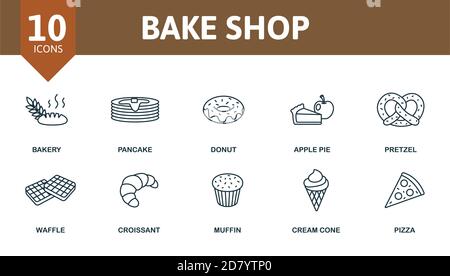 Symbol-Set „Backen“. Sammlung enthalten Cotta, Lebkuchen, Haus, Brot, Cupcake, Süßwaren, Backofen, Sack, Bäckerei und über Ikonen. Back Shop Elemente Stock Vektor