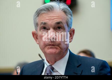 Jerome Powell, Vorsitzender des Federal Reserve Board, bezeugt am Mittwoch, den 10. Juli 2019 vor dem Finanzdienstleistungsausschuss des US-Bundeshauses auf dem Capitol Hill in Washington, D.C.. Gesetzgeber befragten Powell zu einer Vielzahl von Themen im Zusammenhang mit der US-Geldpolitik und dem Zustand der US-Wirtschaft. Quelle: Alex Edelman/The Photo Access Stockfoto
