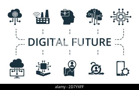 Digital Future Icon Set. Sammlung enthalten Pack von Pixel perfekte kreative Symbole. Digital Future Elements Set. Stock Vektor