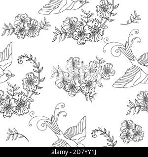 Nahtlose Muster Vektor Vögel und Blumen Illustration Stock Vektor
