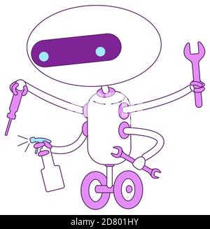 Nette moderne Helfer Roboter mit Lupe violett linearen Objekt Stock Vektor