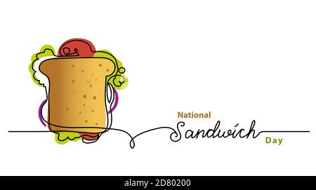 National Sandwich Day Linie Vektor Banner, Hintergrund, Poster. Eine fortlaufende Linienzeichnung mit Schriftzug Sandwich Stock Vektor