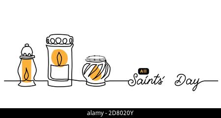 All Saints Day einfacher Vektor-Hintergrund mit Kerzen und Laternen mit Lichtern. Einzeilige Kunstillustration mit Schriftzug All Saints Day Stock Vektor