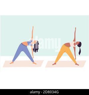 Zwei Frauen üben zusammen Yoga, Gruppe von Frauen Durchführung Gymnastik im Fitnessstudio, Aerobic-Klasse, Training, sportliche Aktivität, flache Cartoon-Farbe Stock Vektor