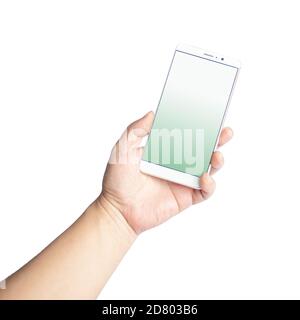 Hände und Mobiltelefone sind vom weißen Hintergrund isoliert Stockfoto