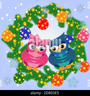 Zwei niedliche gezeichnete Eulen sitzt auf einem Zweig in einem Schnee Stock Vektor