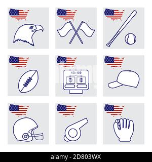 Vektor-Illustration USA Set amerikanischen nationalen Symbole Adlerkopf, Baseballschläger, Handschuh, Ball, Kappe, Rugby-Ball, Helm, Anzeigetafel, Pfeife. Beliebte spo Stock Vektor
