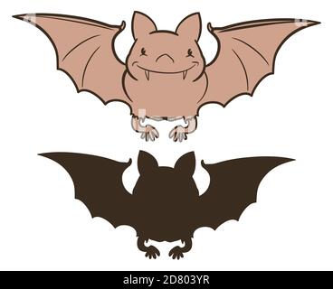 Fliegende, isolierte, niedliche und lächelnde Fledermaus im Retro-Stil mit flacher Version in Umriss und Silhouette. Stock Vektor