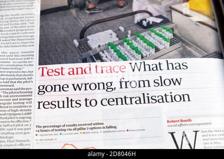 "Test and Trace What has gone wrong, from slow results to Centralization" Guardian headline London England UK 13 October 2020 Stockfoto