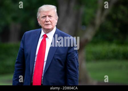 US-Präsident Donald Trump kommt an Bord von Marine One nach einem Wochenendausflug nach Bedminster, New Jersey, am 7. Juli 2019 in Washington, DC, im Weißen Haus an. Quelle: Alex Edelman/The Photo Access Stockfoto