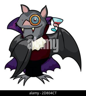 Elegante Vampir Fledermaus trägt Umhang mit Kragen und Monocle, hält ein Glas mit blutigem Getränk, auf weißem Hintergrund. Stock Vektor