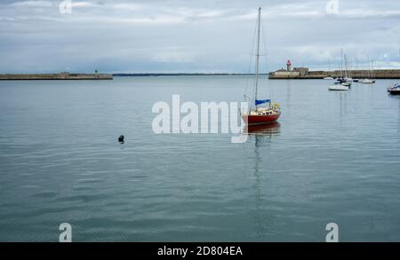 Dun Laoghaire. Die fast stillen Gewässer von Dun Laoghaire, Hafen in Dublin, Irland mit Yachten, die in der Nähe der Hafenmündung festgemacht sind. Stockfoto