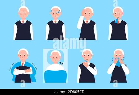Kranker alter Mann hustet, niest. Set Senior Vektor von Erkältung, Grippe, Halsschmerzen, Masern. Illustrationen von Fieber, Allergie, Kopfschmerzen, Erbrechen sind isoliert Stock Vektor