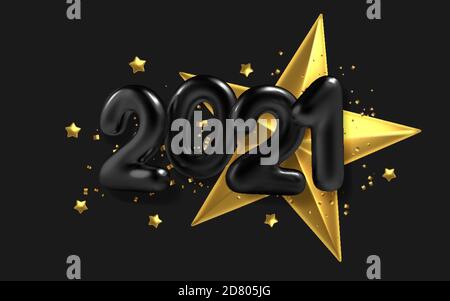 3D realistischer Beschriftungsballon 2021 und goldener Stern auf schwarzem Hintergrund. Vektorgrafik. Stock Vektor