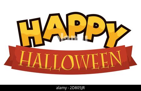 Happy Halloween Schild mit glänzenden Gruß und rotem Band, isoliert auf weißem Hintergrund. Stock Vektor