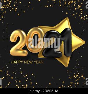 3D realistischer Beschriftungsballon 2021 und goldener Stern auf schwarzem Hintergrund. Vektorgrafik. Stock Vektor