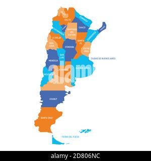 Bunte politische Landkarte von Argentinien. Verwaltungsabteilungen - Provinzen. Einfache flache Vektorkarte mit Beschriftungen. Stock Vektor