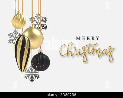 3d realistischer Hintergrund Gold und schwarze Weihnachtskugel, schwarze Schneeflocke auf weißem Hintergrund. . Vektorgrafik. Stock Vektor