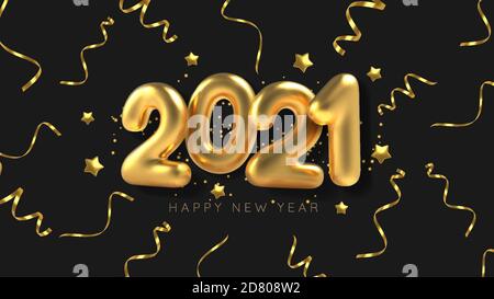 3D realistischer Beschriftungsballon 2021 und goldene Serpentin auf schwarzem Hintergrund. Vektorgrafik. Stock Vektor