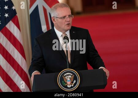 Der australische Premierminister Scott Morrison spricht während einer Pressekonferenz im Weißen Haus am 9. September 2019 in Washington, D.C..Quelle: Alex Edelman/The Photo Access Stockfoto