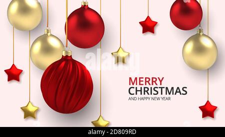 3D realistischer Hintergrund Gold und rote Weihnachtskugeln und Sterne in realistischem Stil auf weißem Hintergrund. Vektor Stock Vektor