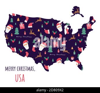 Karte der Vereinigten Staaten von Amerika mit nahtlosem Weihnachtsmuster. Weihnachtsmann, Kerzen, Hirsche, Beeren, Bäume. Grußkarte mit Neujahrssymbol Stock Vektor