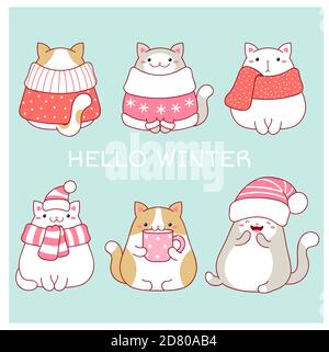 Hallo Winter. Weihnachts-Grußkarte mit vier niedlichen fetten Katzen in Schals und Hüten. Sechs schöne Katzen im Kawaii Stil auf blauem Hintergrund. Vektor EPS8 Stock Vektor