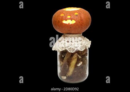halloween Kürbis mit Kerze Laterne auf einer Flasche voller getrockneter Mais und Mais Stigmas. Isoliert auf schwarzem Hintergrund Stockfoto
