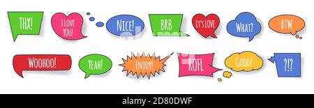 Comic bunte Sprechblase Set mit Konversationsphrasen und Wörtern. Stock Vektor