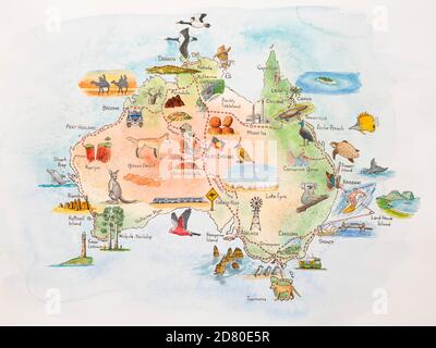 Australien Aquarell allgemeine Kartendarstellung mit Zahlen von lokalen Interessen Stockfoto