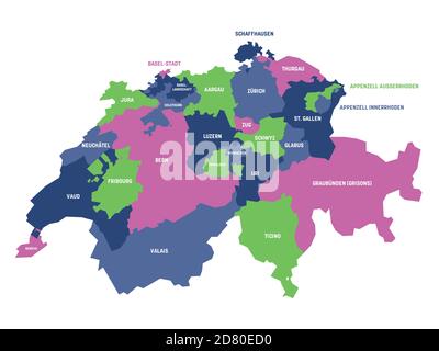 Bunte politische Landkarte der Schweiz. Verwaltungsabteilungen - Kantone. Einfache flache Vektorkarte mit Beschriftungen. Stock Vektor