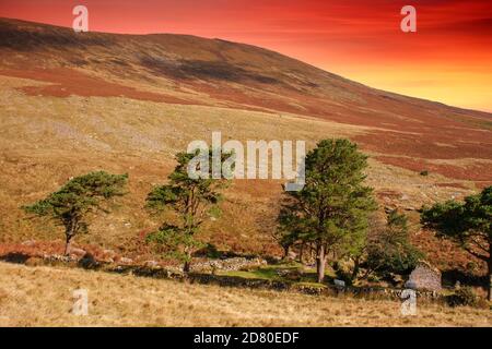 Sonnenuntergang über verlassenen Bauernhof in Comeragh Mountains mit bunten Wolken.County Waterford, Irland. Stockfoto