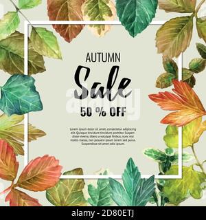 Herbst Sale Banner mit bunten Aquarell Herbstblätter. Vektorhintergrund. Layout für Rabattmarken, Flyer und Shopping. Stock Vektor